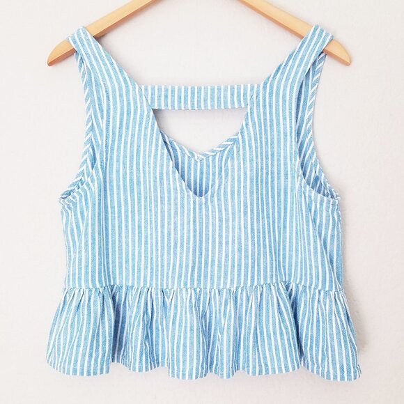 Abound Linen Blend Crop Top S Blue White Striped Peplum Crop Ruffle Sleeveless - Picture 4 of 14